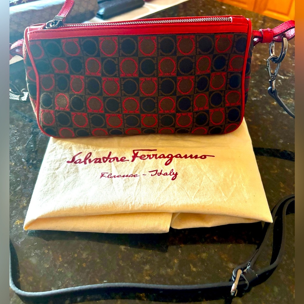 SALVATORE FERRAGAMO GANCINI CANVAS SHOULDER BAG. 
DUST BAG INCLUDED